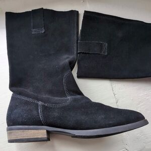 Black real suede mid calf pointy toe boots